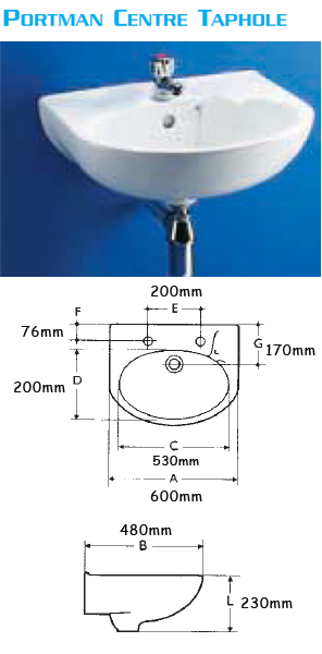 Portman 600mm Centre Taphole with Overflow